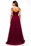 Tulle bordeaux Froncé bretelles spaghetti Robe d’invité de mariage longue trapèze