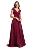 Robe longue de mère de la mariée à col en V bordeaux froncée avec manches à capuchon