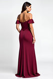 Robe longue de bal à paillettes bordeaux sirène à épaules dénudées avec paillettes