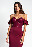 Robe longue de bal à paillettes bordeaux sirène à épaules dénudées avec paillettes