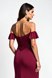 Robe longue de bal à paillettes bordeaux sirène à épaules dénudées avec paillettes