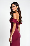 Robe longue de bal à paillettes bordeaux sirène à épaules dénudées avec paillettes