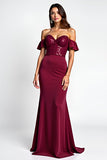 Robe longue de bal à paillettes bordeaux sirène à épaules dénudées avec paillettes