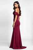 Robe longue de bal à paillettes bordeaux sirène à épaules dénudées avec paillettes