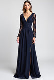 Bleu marine à manches longues fourreau Robe Mère De Mariée Avec Fente