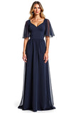 Bleu marine manches courtes fourreau longue mère de la mariée robe