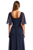 Bleu marine manches courtes fourreau longue mère de la mariée robe