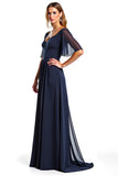 Bleu marine manches courtes fourreau longue mère de la mariée robe