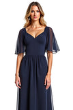 Bleu marine manches courtes fourreau longue mère de la mariée robe