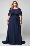 Bleu Marine Col Rond Fourreau Longue Mère De La Mariée Robe
