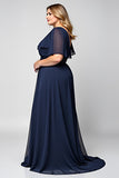 Bleu Marine Col Rond Fourreau Longue Mère De La Mariée Robe