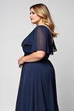 Bleu Marine Col Rond Fourreau Longue Mère De La Mariée Robe