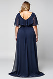 Bleu Marine Col Rond Fourreau Longue Mère De La Mariée Robe