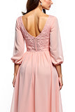 Robe de mère de la mariée en dentelle de mousseline de soie rose poudré à manches longues