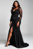Robe formelle noire en dentelle satinée sirène col V avec fente