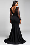 Robe formelle noire en dentelle satinée sirène col V avec fente