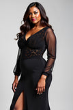 Robe formelle noire en dentelle satinée sirène col V avec fente