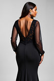 Robe formelle noire en dentelle satinée sirène col V avec fente