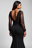 Robe formelle noire en dentelle satinée sirène col V avec fente