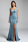 Robe formelle à fourreau bleu poussiéreux à col en V avec fente