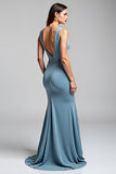 Robe formelle à fourreau bleu poussiéreux à col en V avec fente