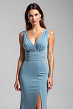 Robe formelle à fourreau bleu poussiéreux à col en V avec fente