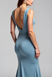 Robe formelle à fourreau bleu poussiéreux à col en V avec fente