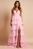 Robe longue de bal à volants à bretelles spaghetti rose poudré