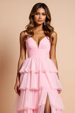 Robe longue de bal à volants à bretelles spaghetti rose poudré