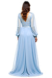 Bleu ciel scintillant col V manches longues paillettes robe de demoiselle d’honneur longue avec fente