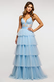 Robe de bal longue à volants à volants à bretelles spaghetti bleu ciel scintillant