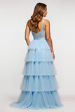 Robe de bal longue à volants à volants à bretelles spaghetti bleu ciel scintillant