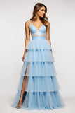Robe de bal longue à volants à volants à bretelles spaghetti bleu ciel scintillant