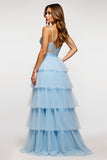 Robe de bal longue à volants à volants à bretelles spaghetti bleu ciel scintillant
