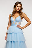 Robe de bal longue à volants à volants à bretelles spaghetti bleu ciel scintillant