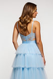 Robe de bal longue à volants à volants à bretelles spaghetti bleu ciel scintillant