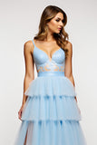 Robe de bal longue à volants à volants à bretelles spaghetti bleu ciel scintillant