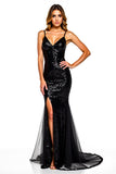 Sirène Spaghetti Straps Robe cravate noire à paillettes