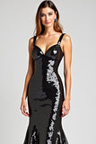 Robe cravate noire scintillante sirène à col en V avec lacets dans le dos