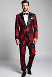 Pointe Revers Rouge Foncé 2 Pièces Imprimé Floral Costumes Homme