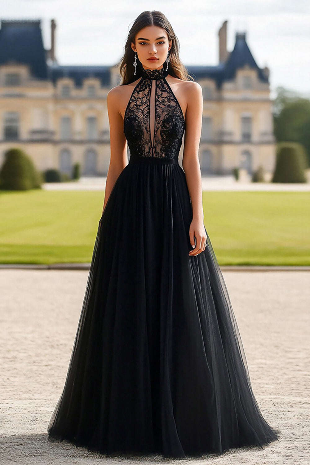 Tulle Robe Longue De Soirée Noire Robe Noire Ceinture Sur Robe