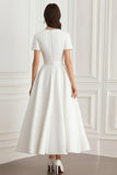 Robe formelle midi trapèze en jacquard ivoire à manches courtes