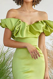 Robe longue formelle sirène en satin vert citron à épaules dénudées