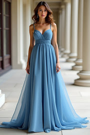 Organza bleu bretelles spaghetti une ligne robe de bal froncée