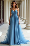 Organza bleu bretelles spaghetti une ligne robe de bal froncée