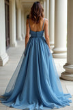 Organza bleu bretelles spaghetti une ligne robe de bal froncée