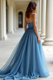 Organza bleu bretelles spaghetti une ligne robe de bal froncée