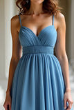 Organza bleu bretelles spaghetti une ligne robe de bal froncée