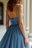 Organza bleu bretelles spaghetti une ligne robe de bal froncée