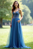Gris scintillant bleu organza spaghetti bretelles Une robe de bal trapèze